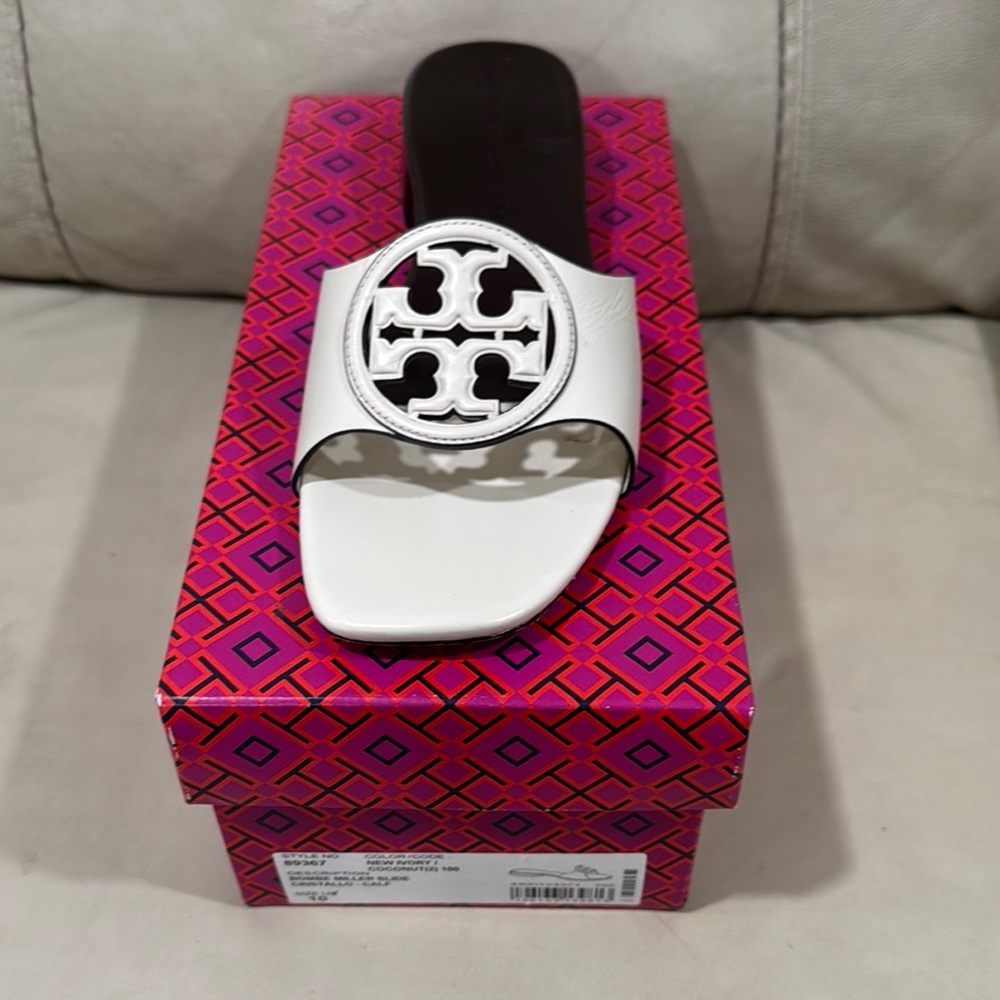 Tory Burch White Slide Sandals with Logo